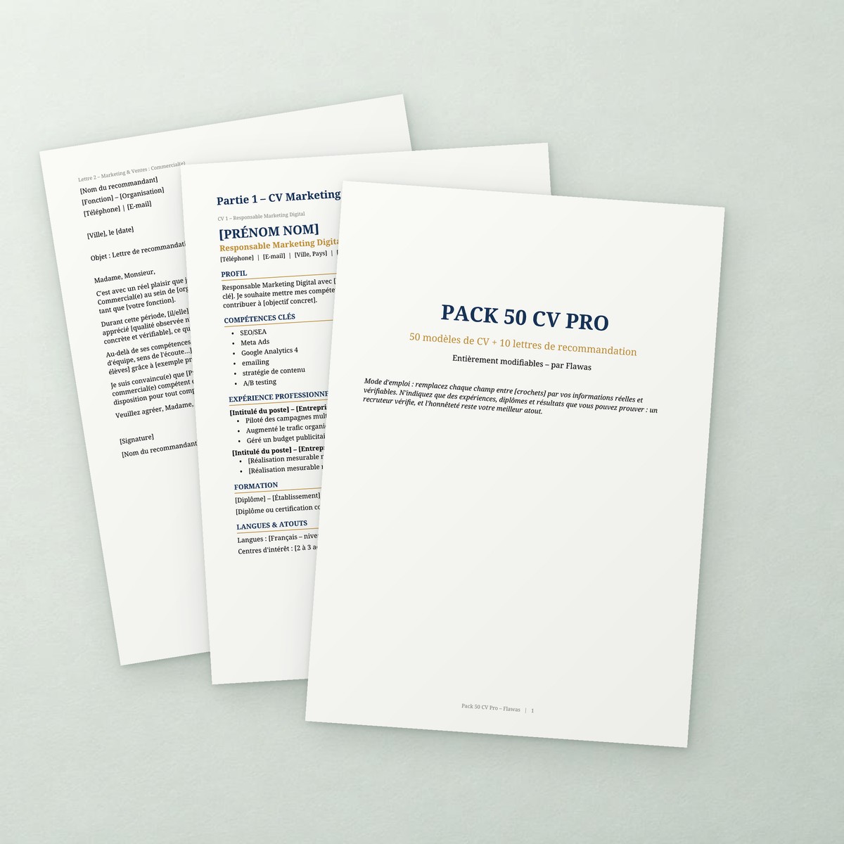 Pages réelles du Pack 50 CV Pro posées sur un fond vert sauge : couverture, CV Responsable Marketing Digital, CV Chargé(e) de Recouvrement et lettre de recommandation